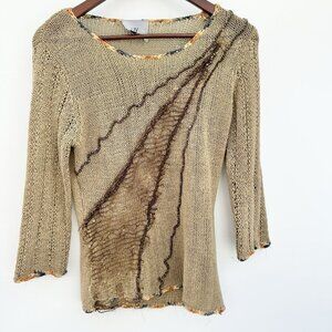 LIV Milano Women’s Boho Beige Sweater With Sequin, Mesh Embellishment Size Large
